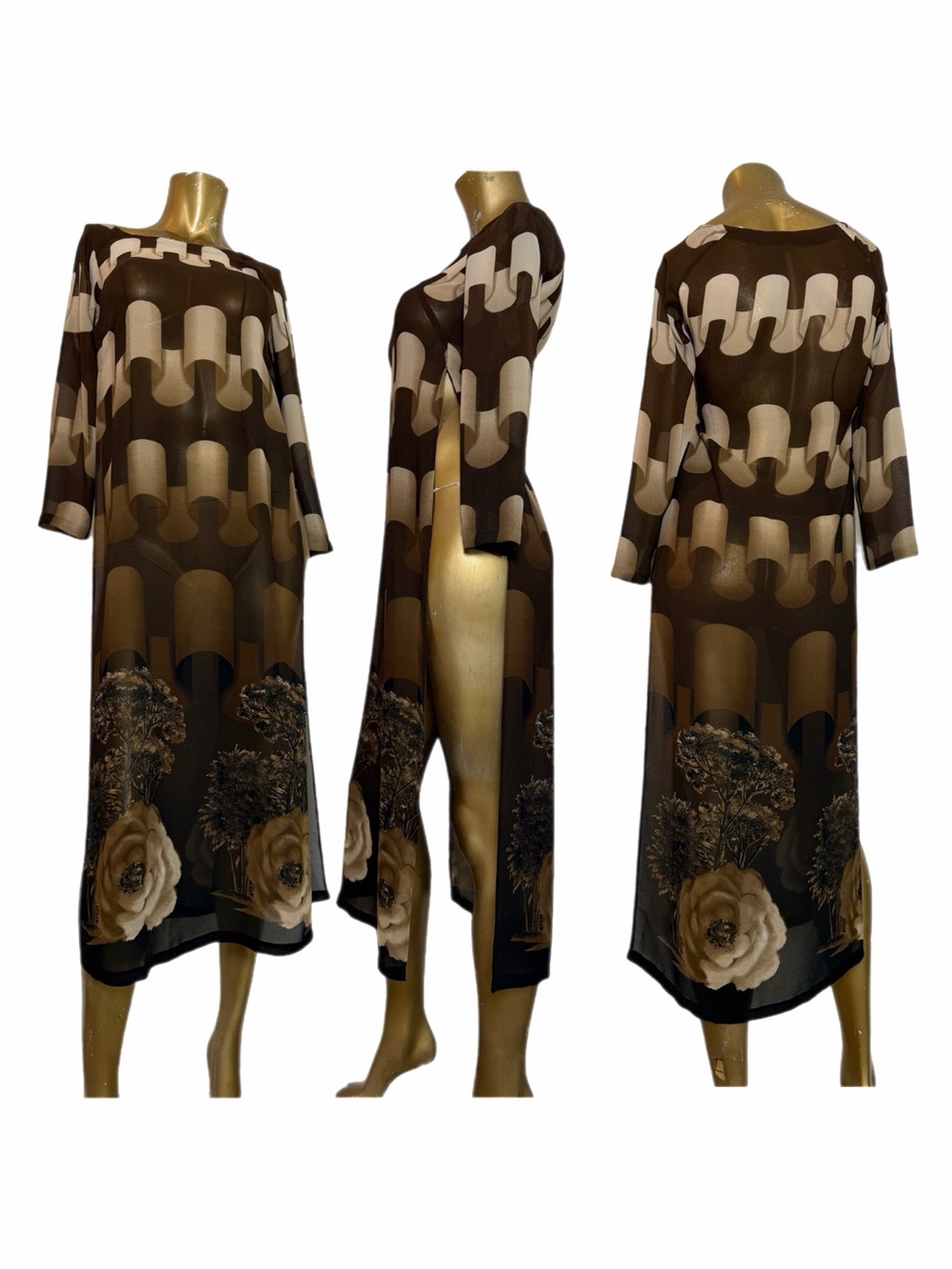 Vietnamese Áo Dài Sheer Brown Scroll/Botanical Floral Tunic Dress XS